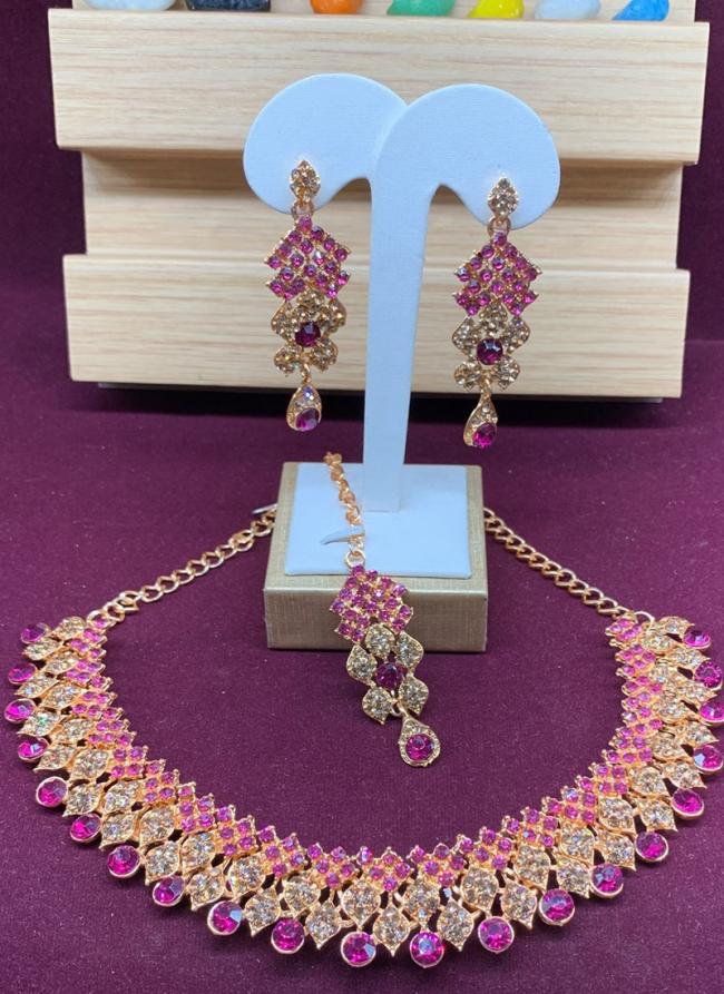 Dark Pink Stone Studded Gold Plated Festive Necklace Set